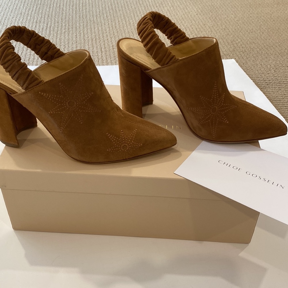 CHLOE GOSSELIN DIANE BACKLESS SUEDE CHUNKY HEELED BOOT LIKE SHOE